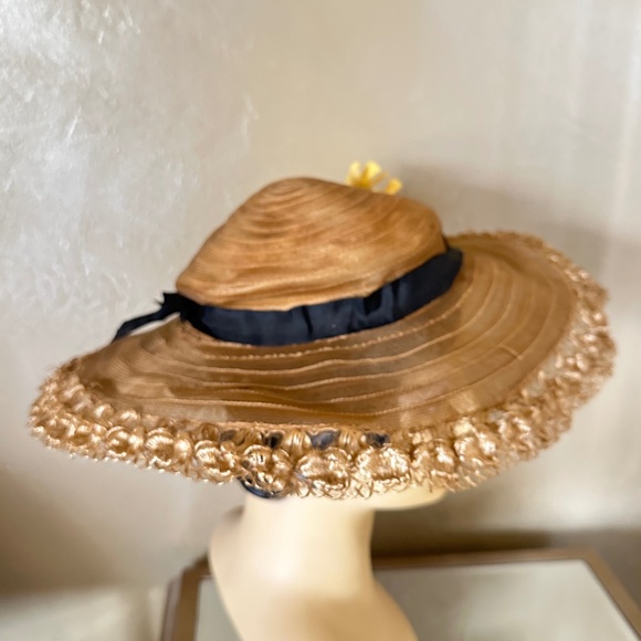 LOVELY LATE 1920s\' GOLD SHEER FABRIC WIDE BRIM HAT + DETAILED EDGING  ON BRIM main image 6